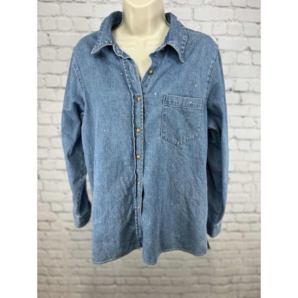 The Quacker Factory Cotton Denim Button Shirt Shacket Rhinestone Women’s Size M